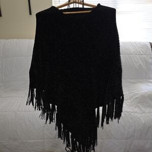 Black Fringe Women's Poncho  Knit One Size Super Cute Chenille